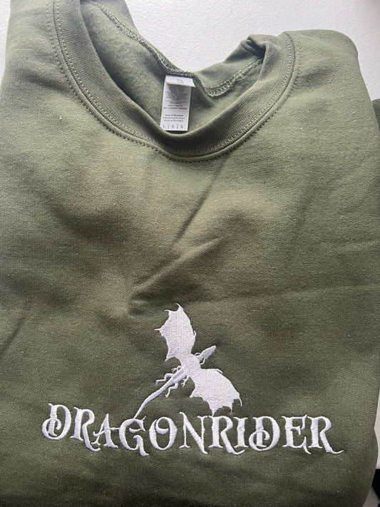 SAMPLE SALE- (L) OLIVE Dragonrider embroidered crewneck (wing on sleeve detail)- *Ready to Ship*